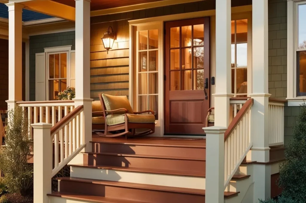 Front Porch Deck Ideas - Raised Front Porch with Stairs and Lights
