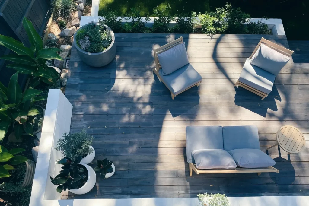 a cozy outdoor patio with decking and furnitures