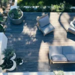 a cozy outdoor patio with decking and furnitures