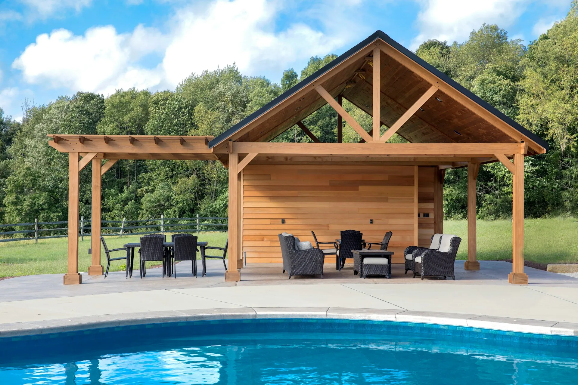 a wpc pergola near the swimming pool