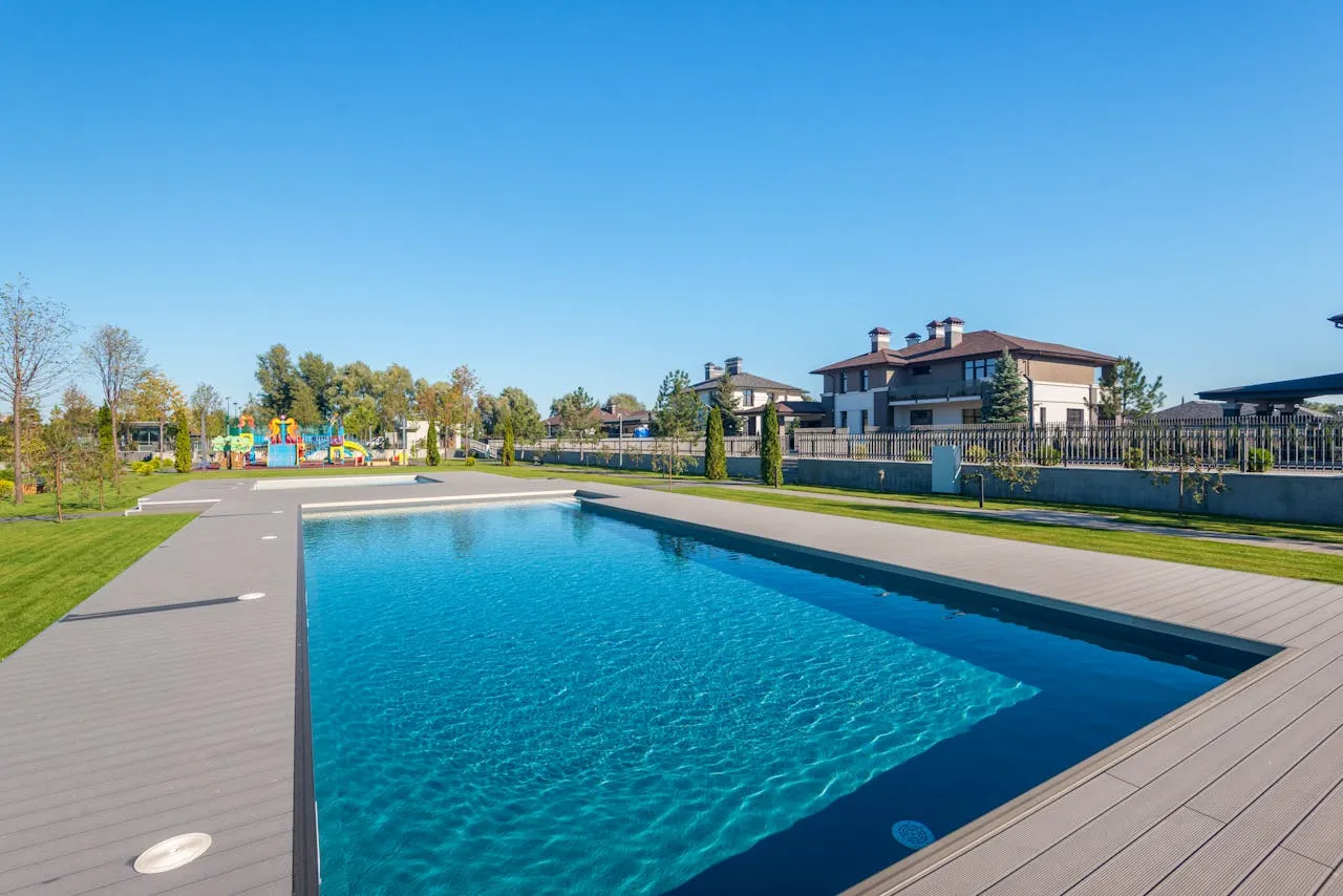 a swimming pool with deck