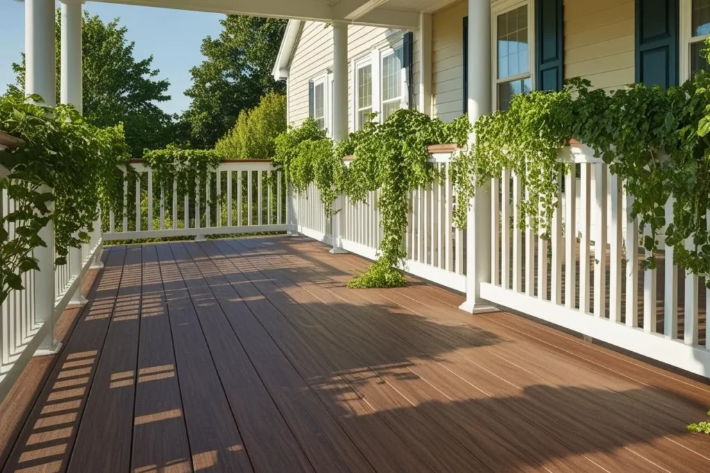 a porch with wpc decking and green plants