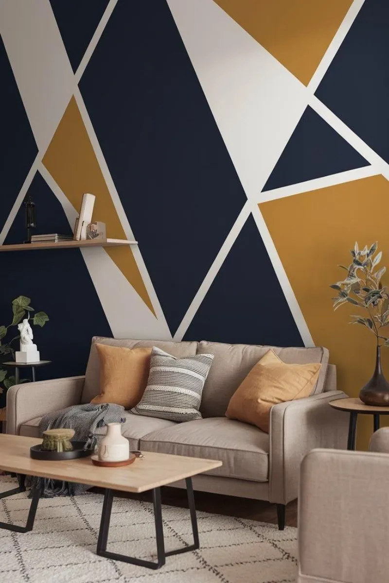 a living room accent wall with geometric design