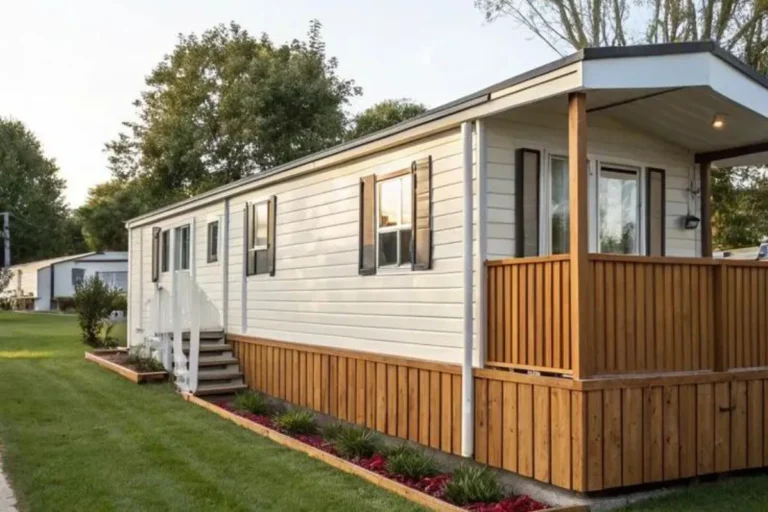 a mobile home with plank skirting