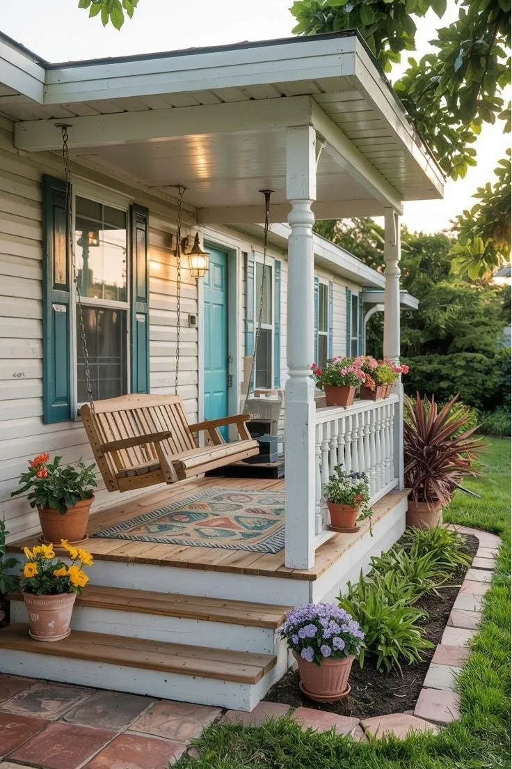 a mobile home with a boho-style porch