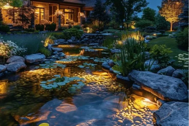a garden pond with lights and fish