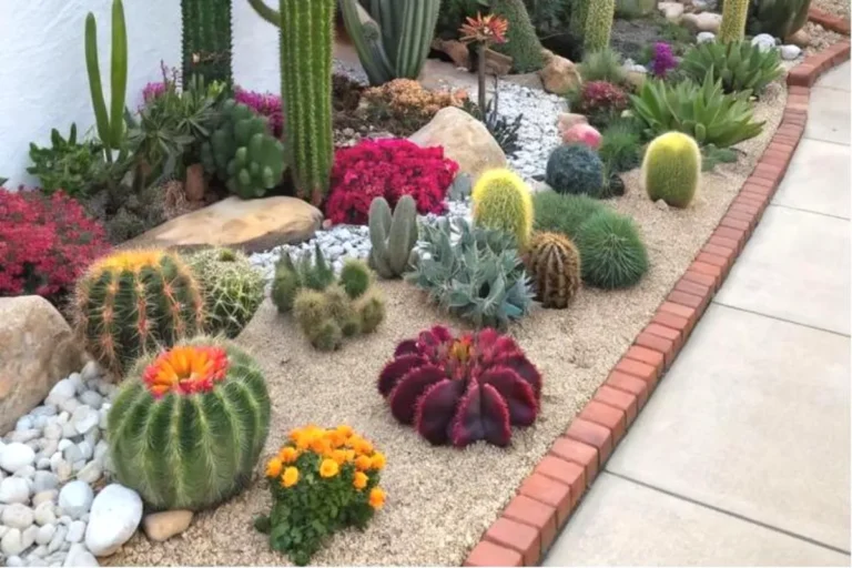 a cactus garden with brick edging
