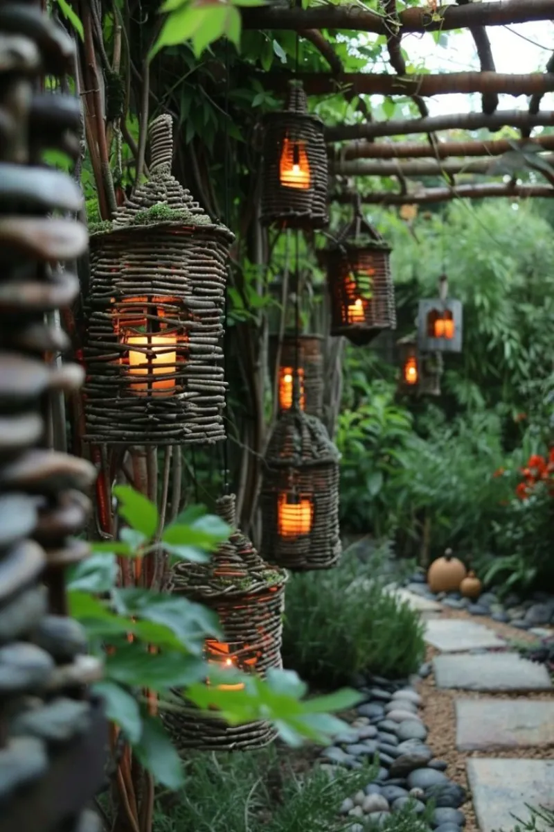 a zen garden with handmade lanterns