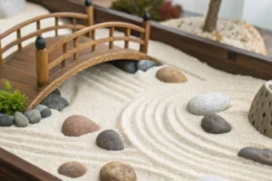a zen garden tray with stones, sand and bridge