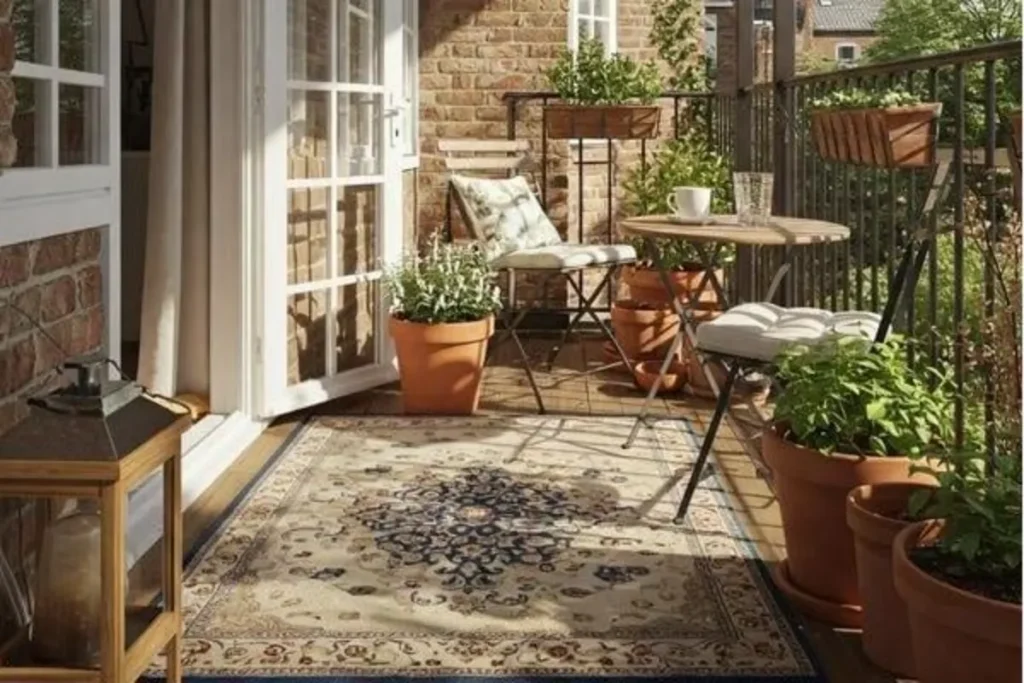 balcony flooring idea with rug and plants