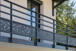 a balcony with metal railing