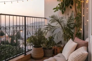 an apartment balcony with outdoor cushions and string lights