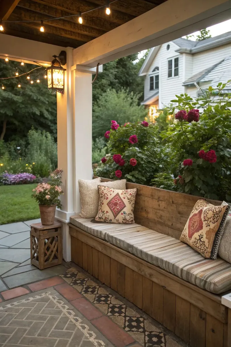 back porch ideas with bench, cushions and lights