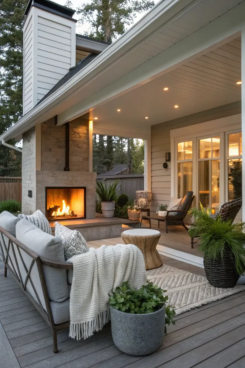 back porch ideas with sofa, fire pit, and rug