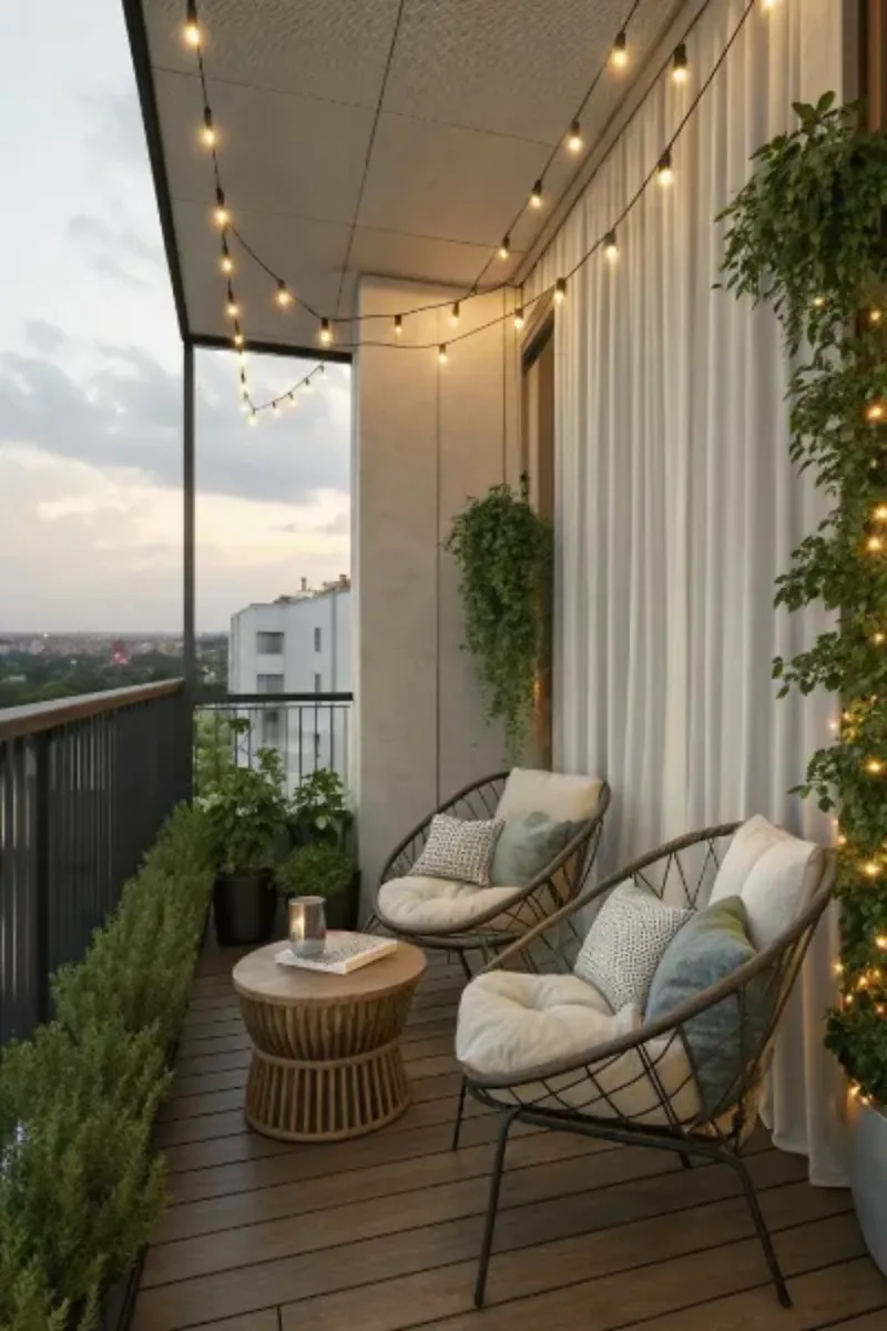 balcony furniture ideas with chairs and lights