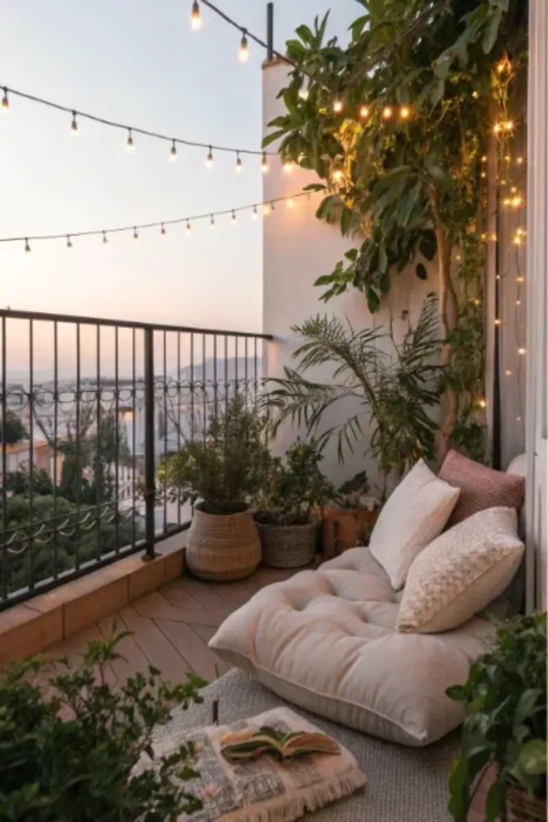 balcony furniture ideas with soft cushions and lights