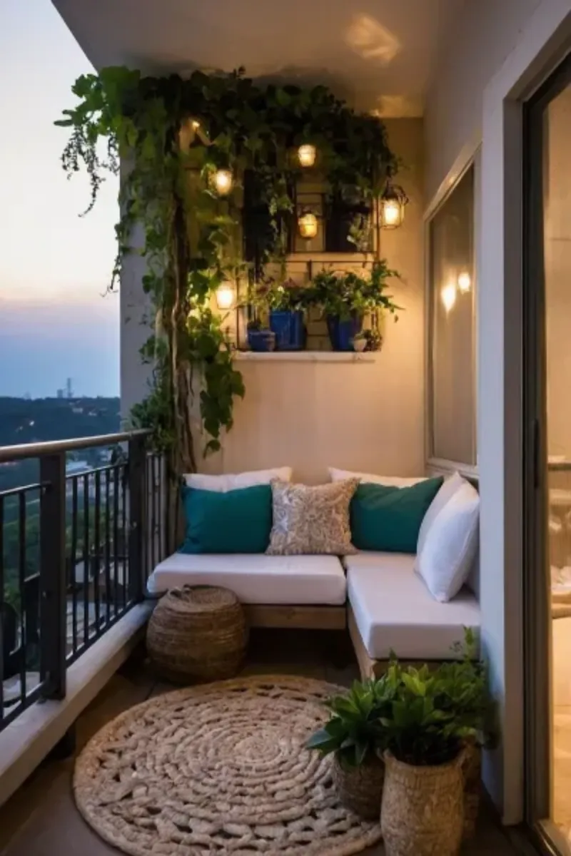balcony furniture ideas with L shaped sofa, rug and cushions