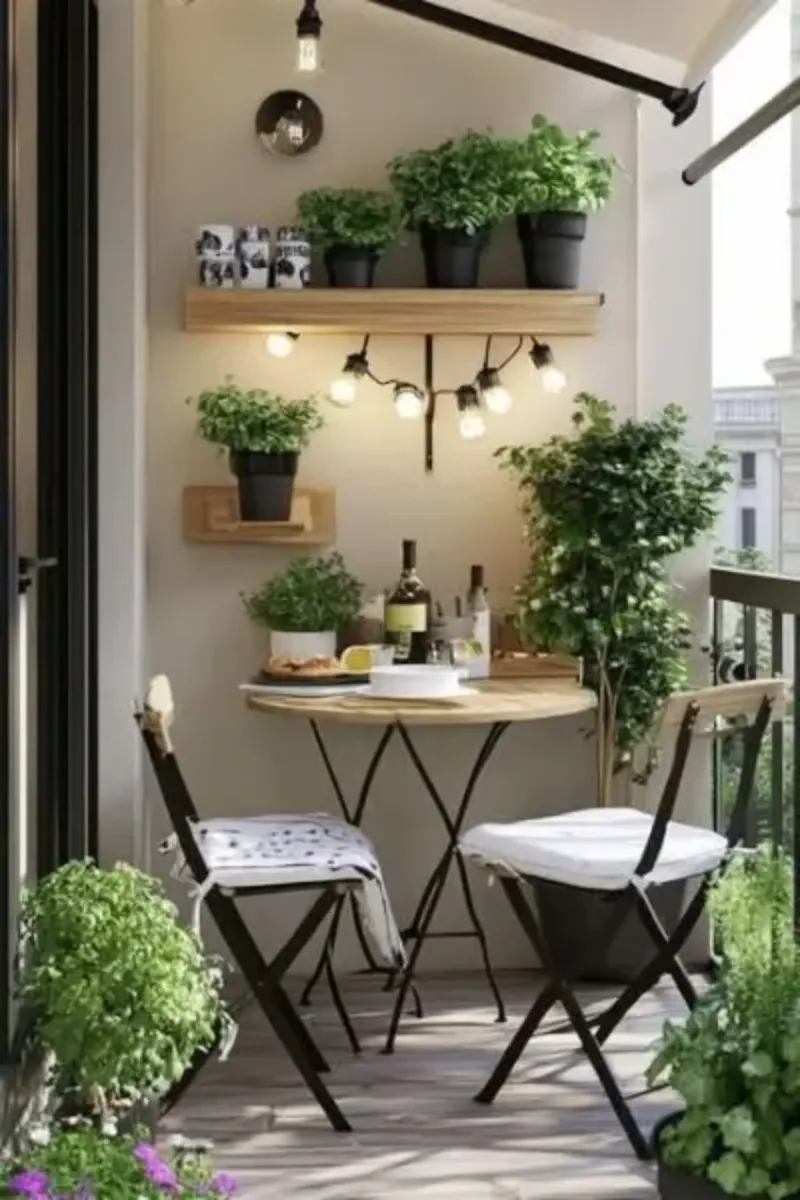 balcony furniture ideas with vertical plants shelves