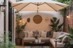 a small patio with umbrella and seating zone