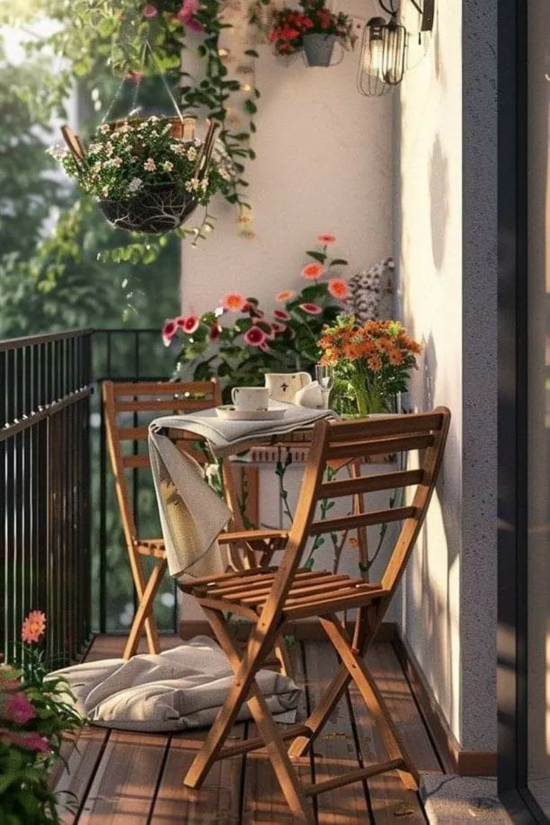 small balcony idea with flowers and coffee table