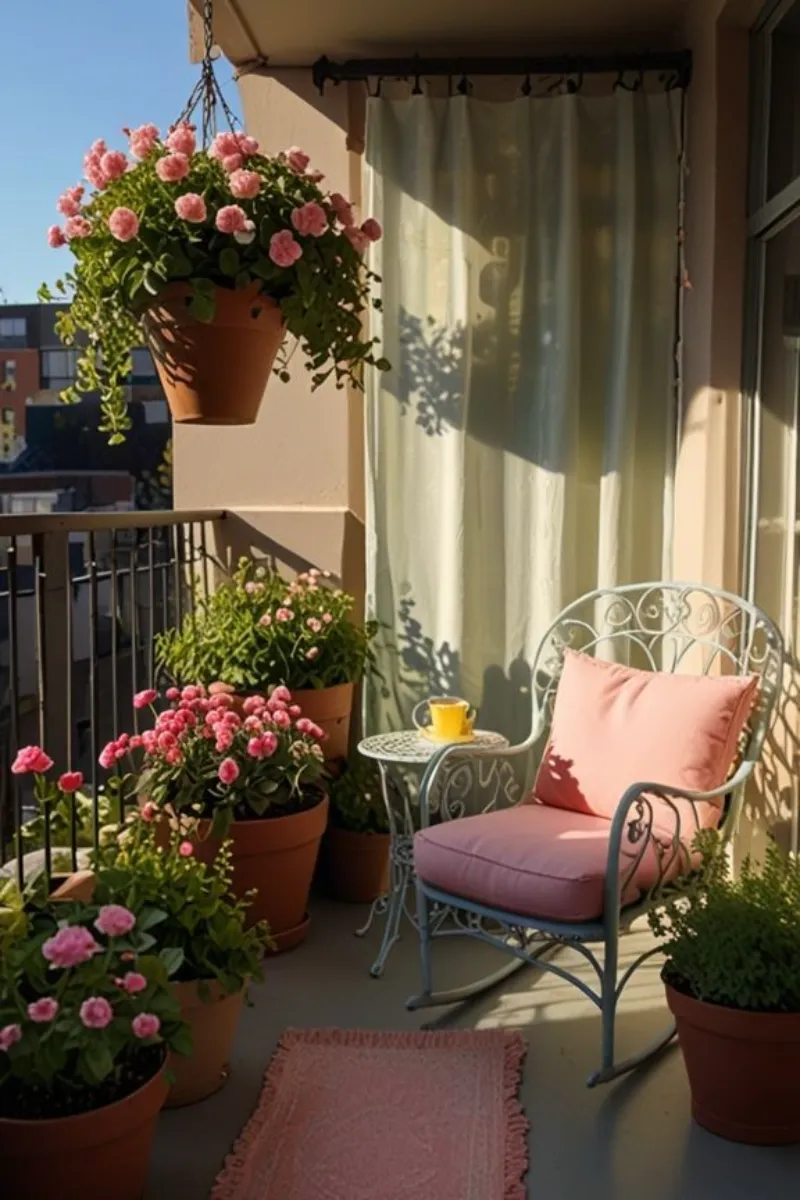 small balcony ideas in pink style with flowers