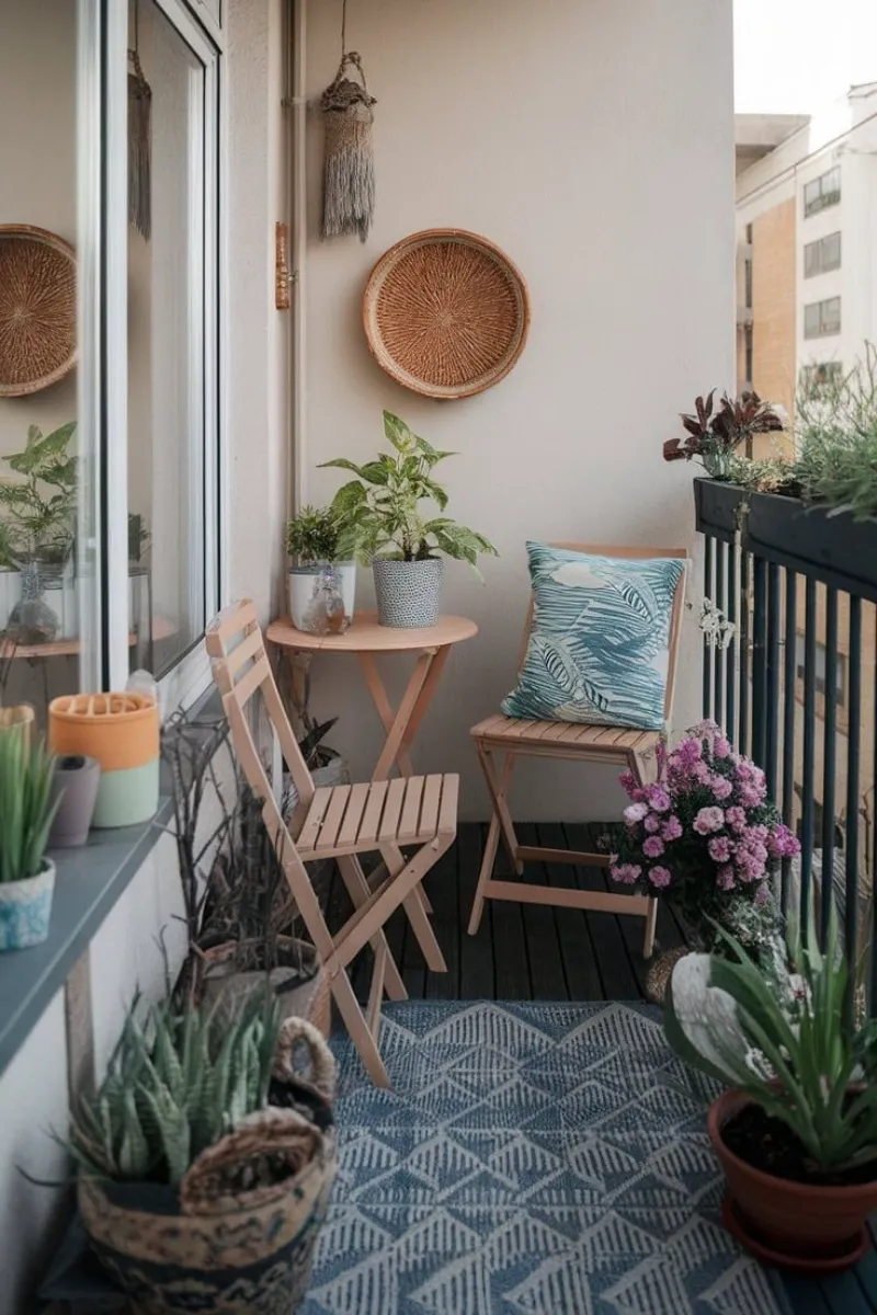 small balcony ideas with rug and chairs