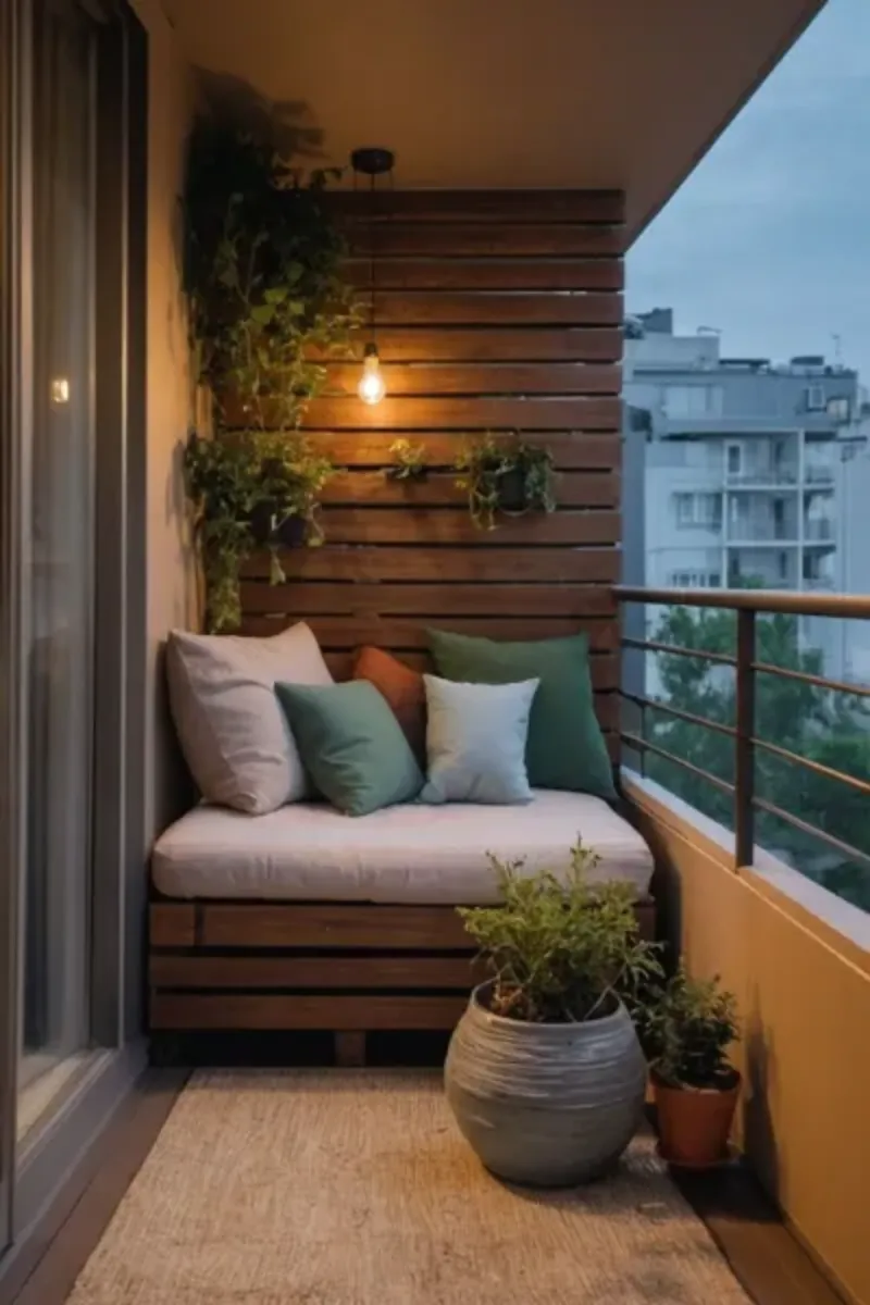 small balcony idea with sofa cushions and lights