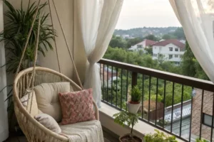 a small balcony with hammock swing