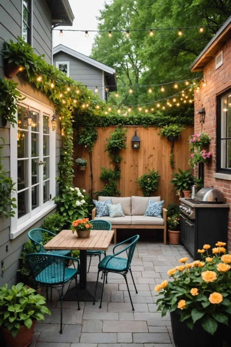 small garden ideas on a budget with grill, dining table, and privacy screen