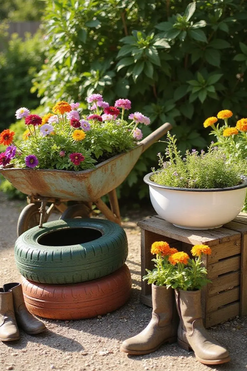 small garden ideas on a budget with wheelbarrow container