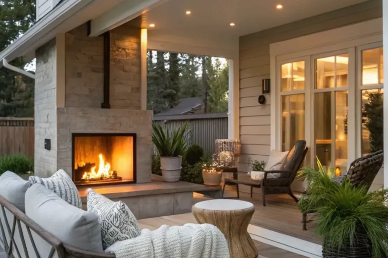 a back porch with sofa, fire pit and rug