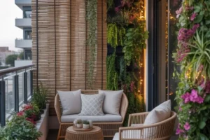 a balcony with climbing plants and screen for privacy