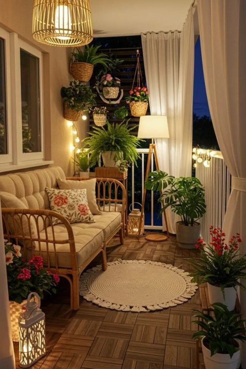 balcony privacy ideas with curtain, lights, and plants