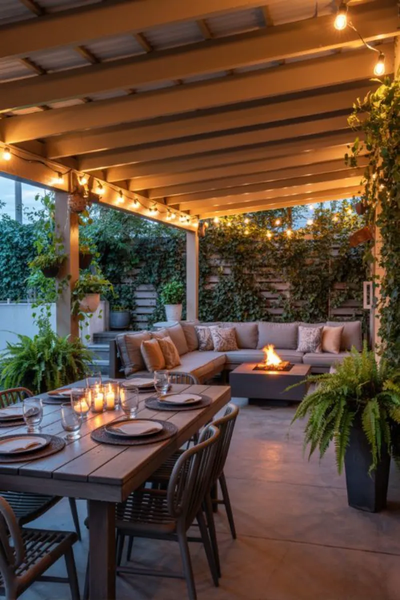covered patio ideas with fire pit, string lights, and dining area