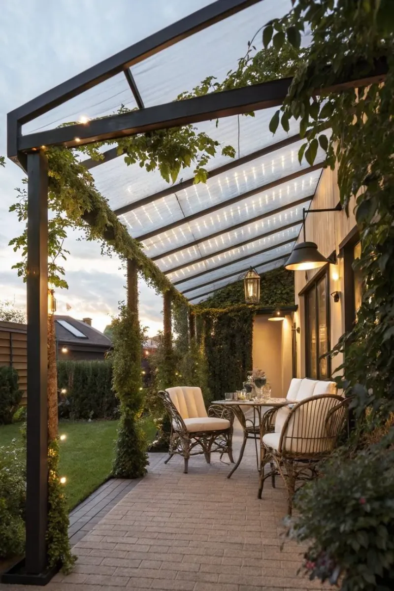 covered patio ideas with a glass roof and green vine