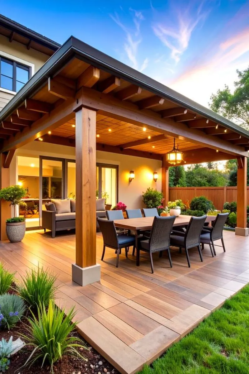 covered patio ideas with lanterns, string lights, and wooden roof