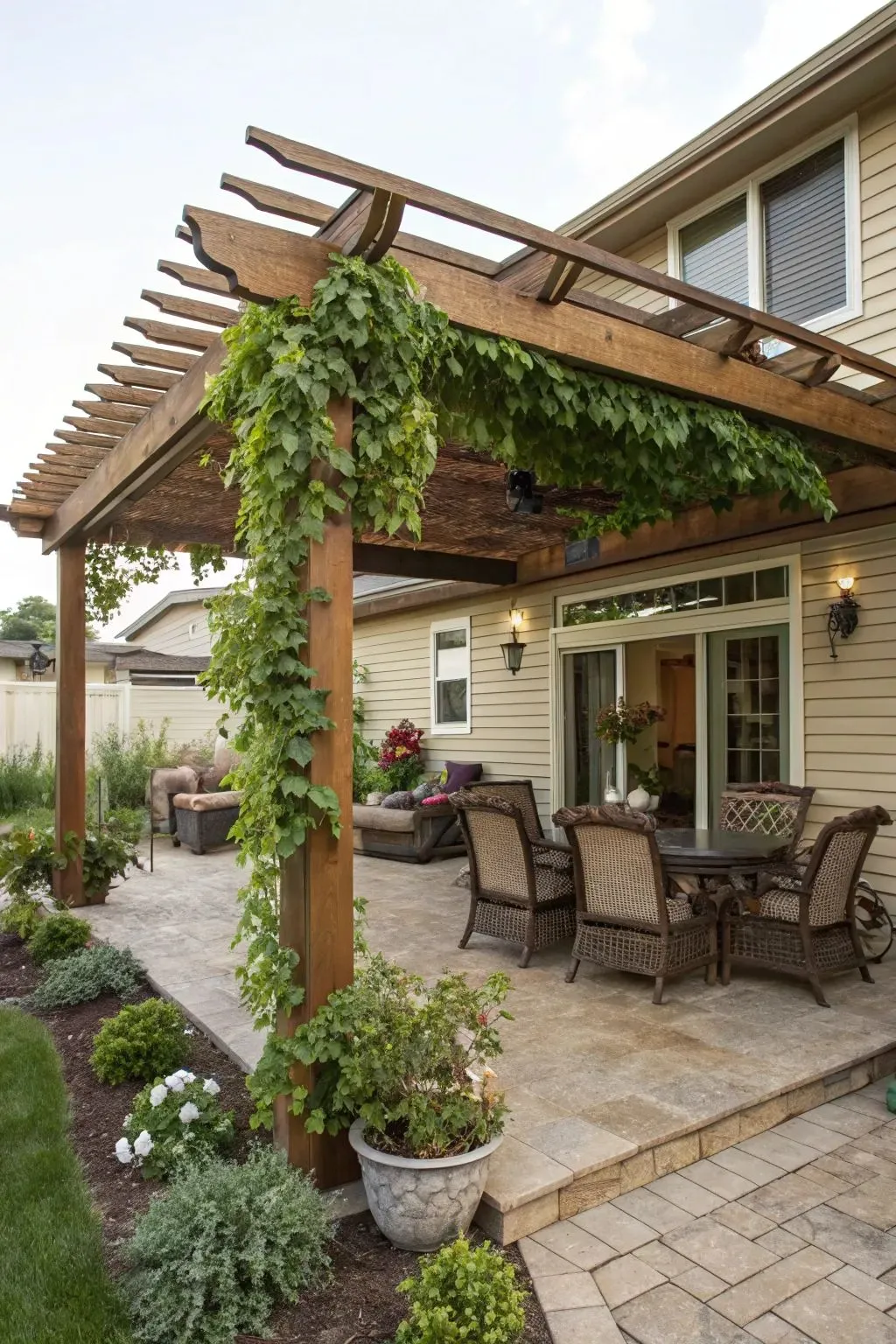 covered patio ideas with pergola and vine