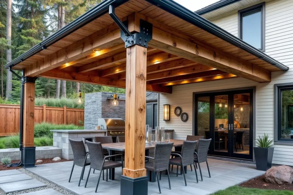 covered patio ideas with wooden roof