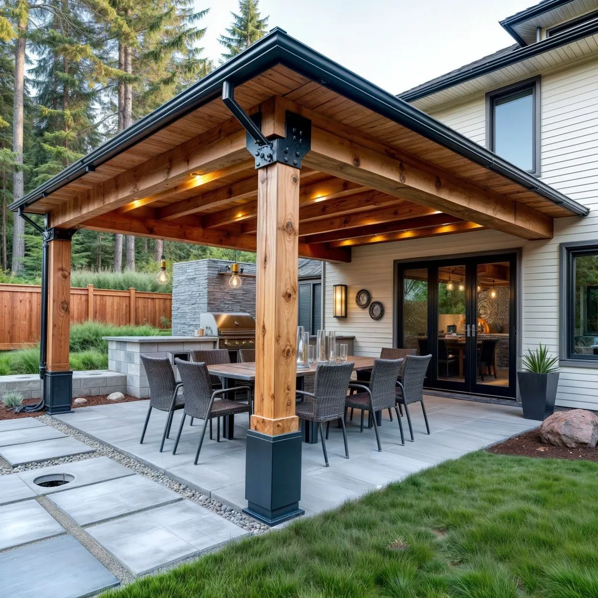 covered patio ideas with natural wood roof