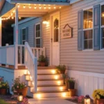 mobile home deck ideas with decoration sign, lanterns, and string lights