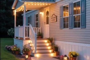 a mobile home deck with decoration sign, lanterns, and string lights