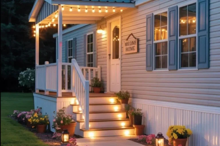 a mobile home deck with decoration sign, lanterns, and string lights
