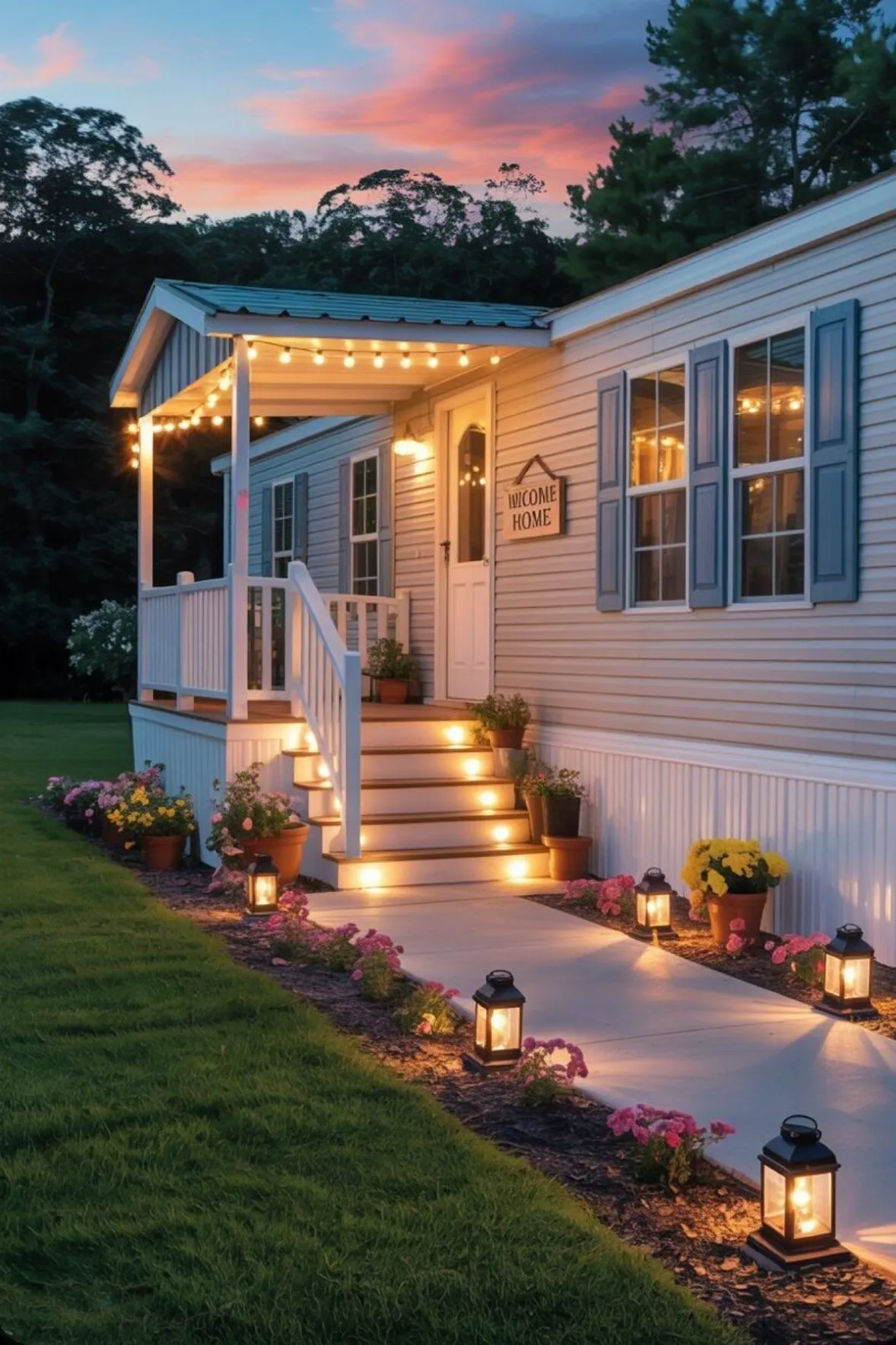 mobile home deck ideas with  decoration sign, lanterns, and string lights