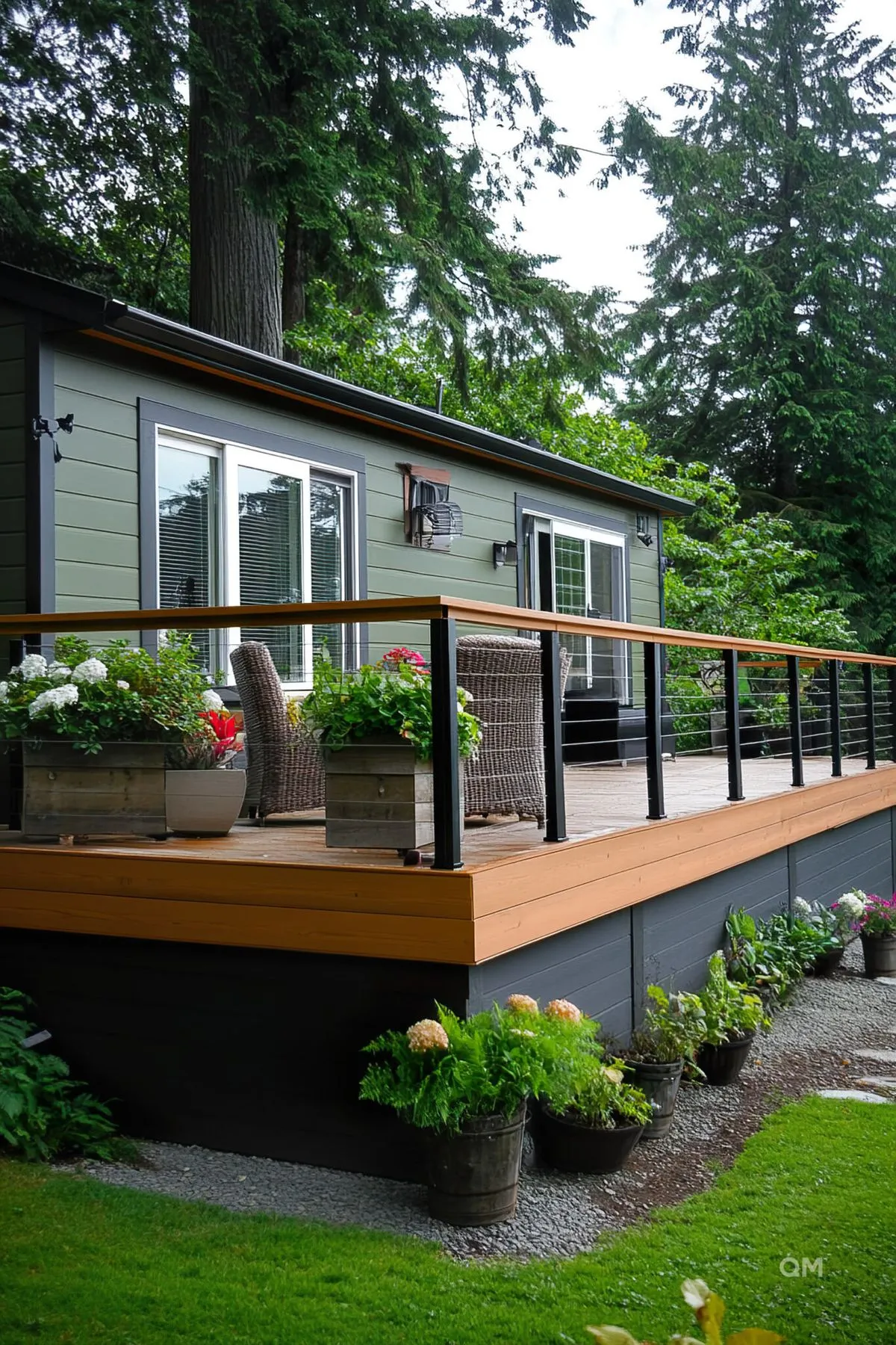 mobile home deck ideas with high deck and cable railing