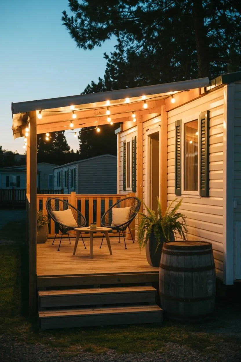 mobile home deck ideas with roof and string lights