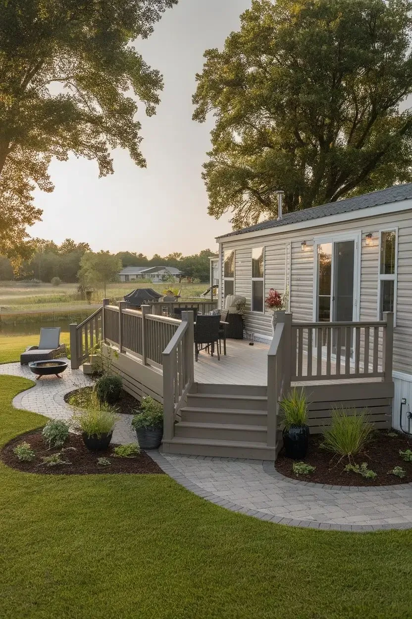 mobile home deck ideas with composite decking, stairs and railing