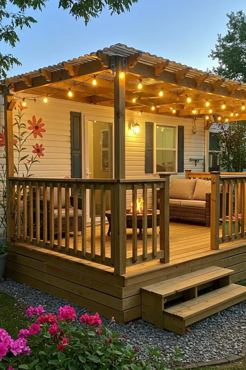mobile home deck ideas with pergola roof, string lights and lanterns