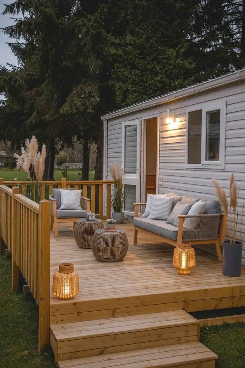 mobile home deck ideas with wooden deck and cozy sofa