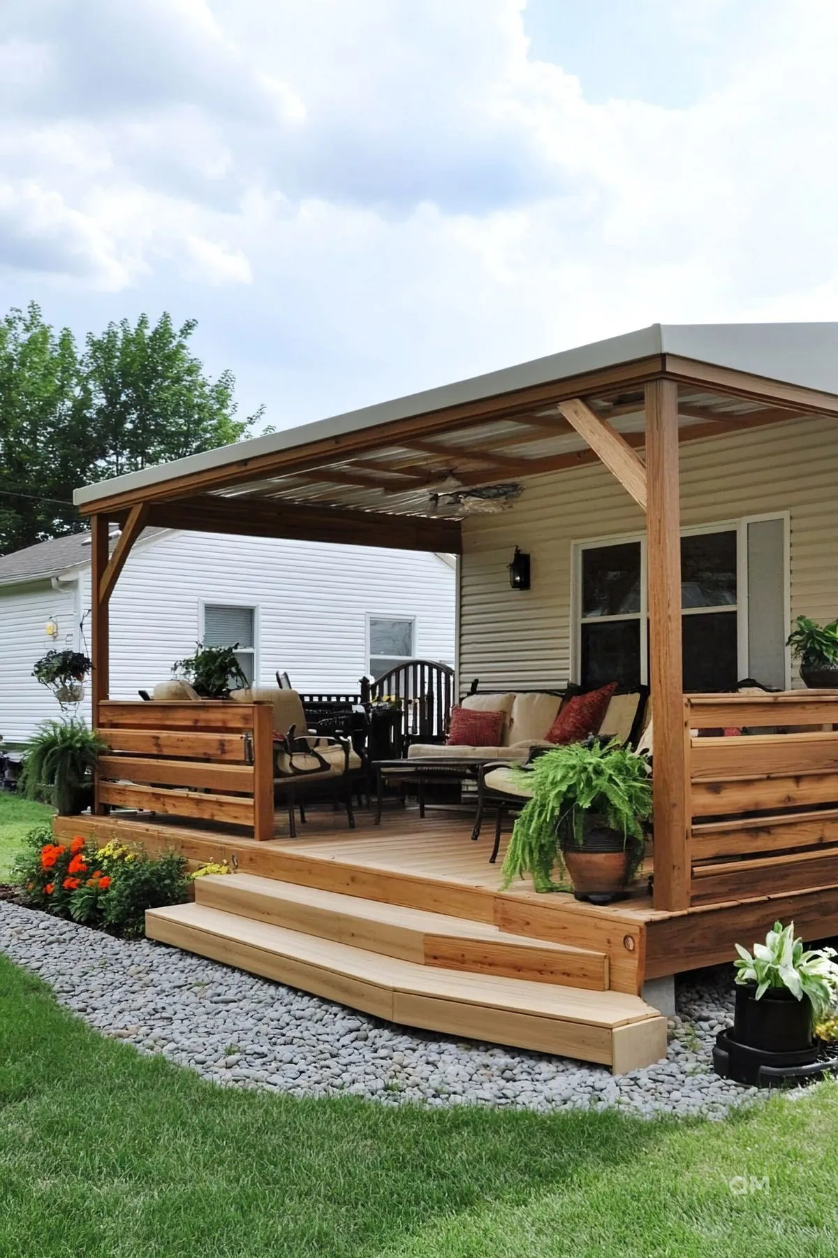 mobile home deck ideas with wooden roof, fence and stairs