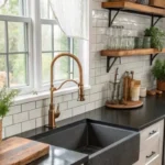 mobile home kitchen ideas with decorative curtain and potted plants